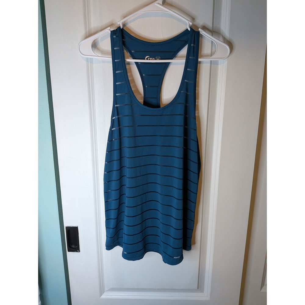 Zyia Active Women Teal Blue Shadow Stripe Racerback Mesh Tank Top Size M
